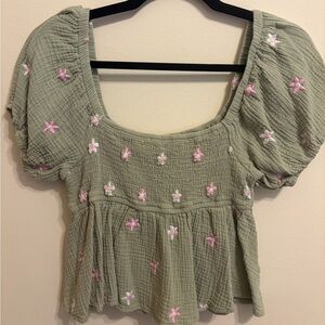 Altar'd State Olive Blouse with Pink Floral Details